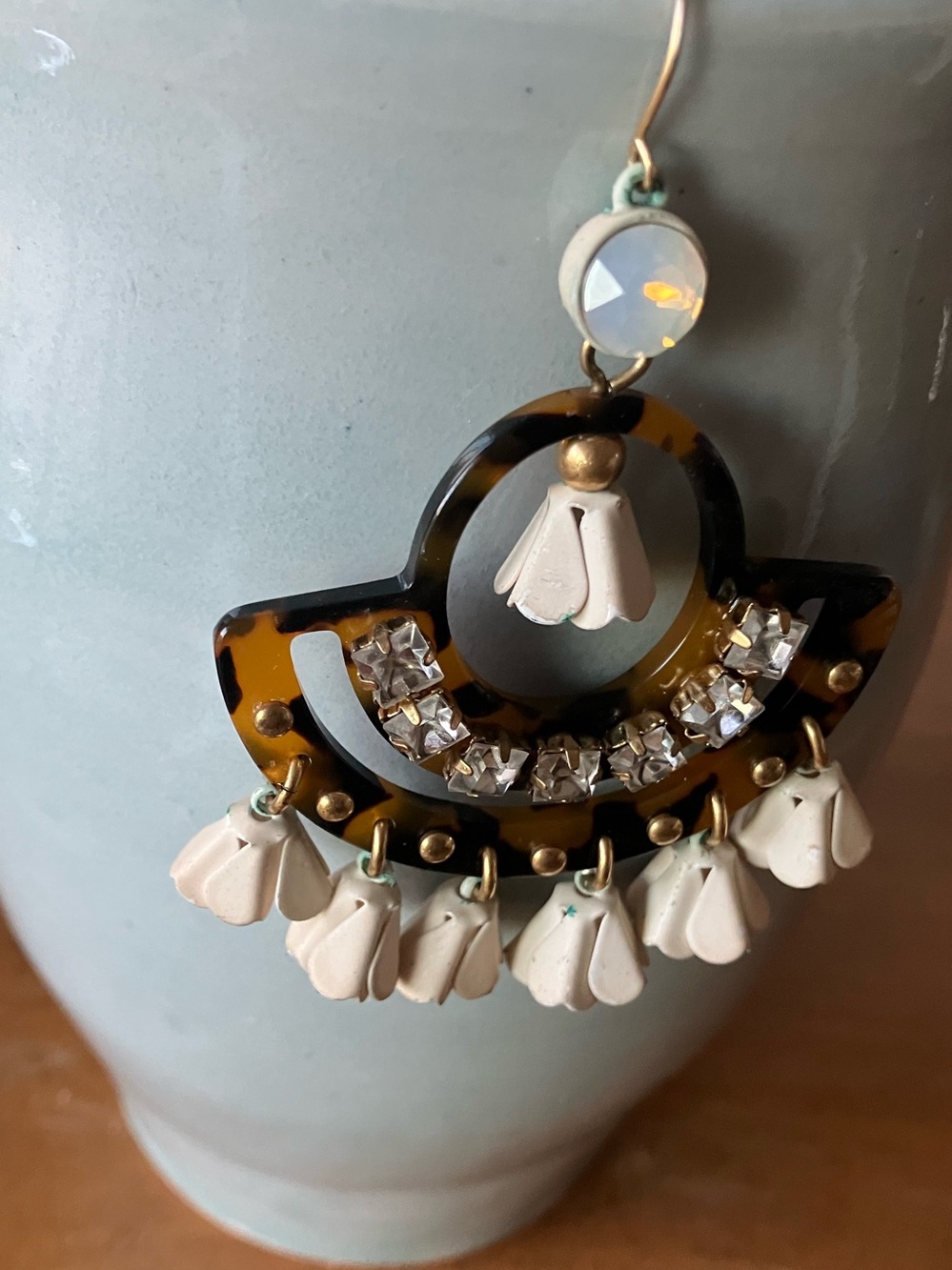 J. Crew  Floral Tortoise Chandelier  Cream Dangle Earrings with Gold Accents